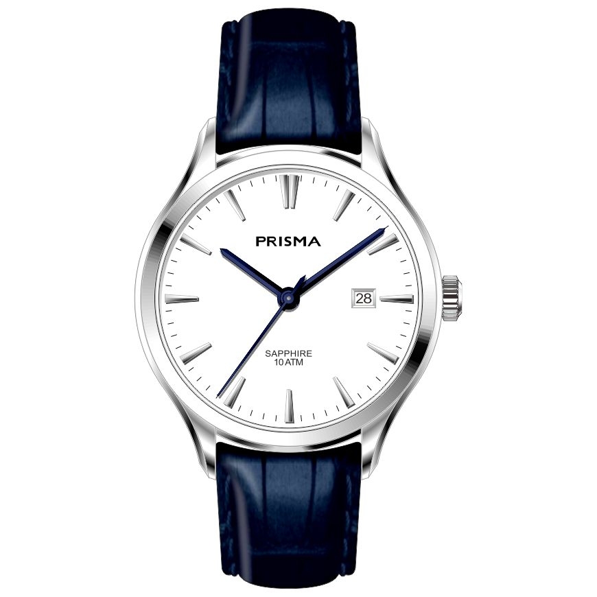 Prisma horloge 2004 heren edelstaal saffierglas 10 ATM 

Algemeen
Geslacht: heren
Model: P.2004

Voordelen
- band echt leer blauw
- wijzerplaat wit met zilvere streepjes
- boven gem. waterdicht: zwemmen/duiken
- glas is zeer krasvast
- datum
- quartz
- maat kast 37,7mm (breedte) 8,08mm (dikte)