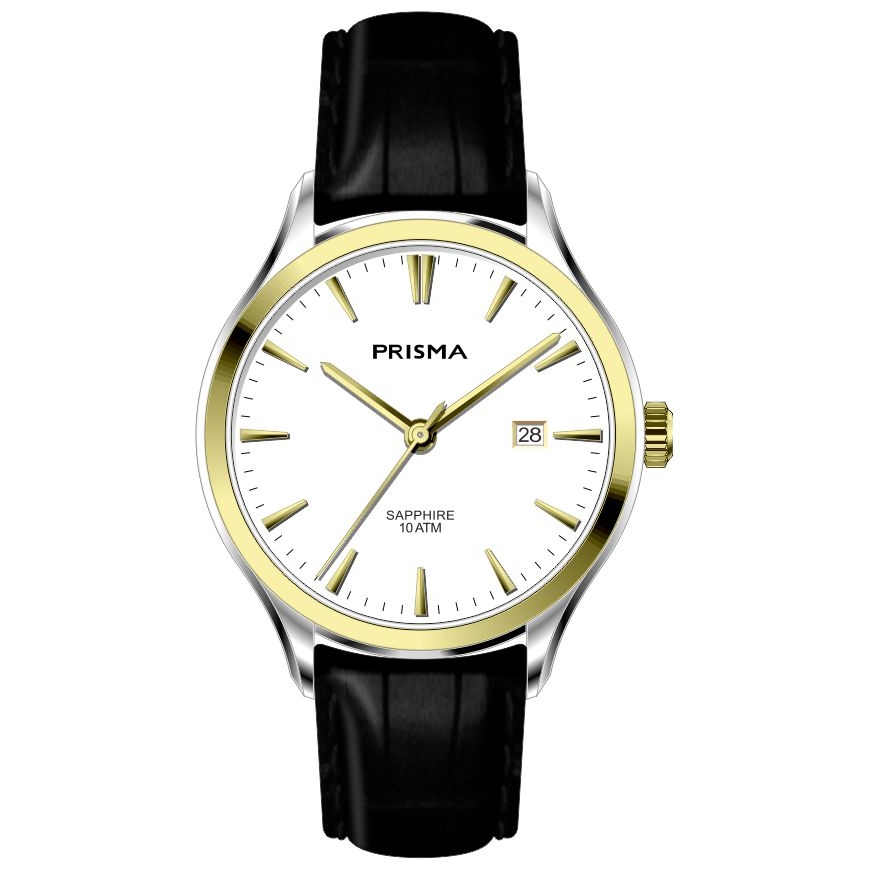 Prisma horloge 2006 heren edelstaal saffierglas 10 ATM 

Algemeen
Geslacht: heren
Model: P.2006

Voordelen
- band echt leer zwart
- wijzerplaat wit met goudkleurige streepjes
- boven gem. waterdicht: zwemmen/duiken
- glas is zeer krasvast
- datum
- quartz
- maat kast 37,7mm (breedte) 8,08mm (dikte)