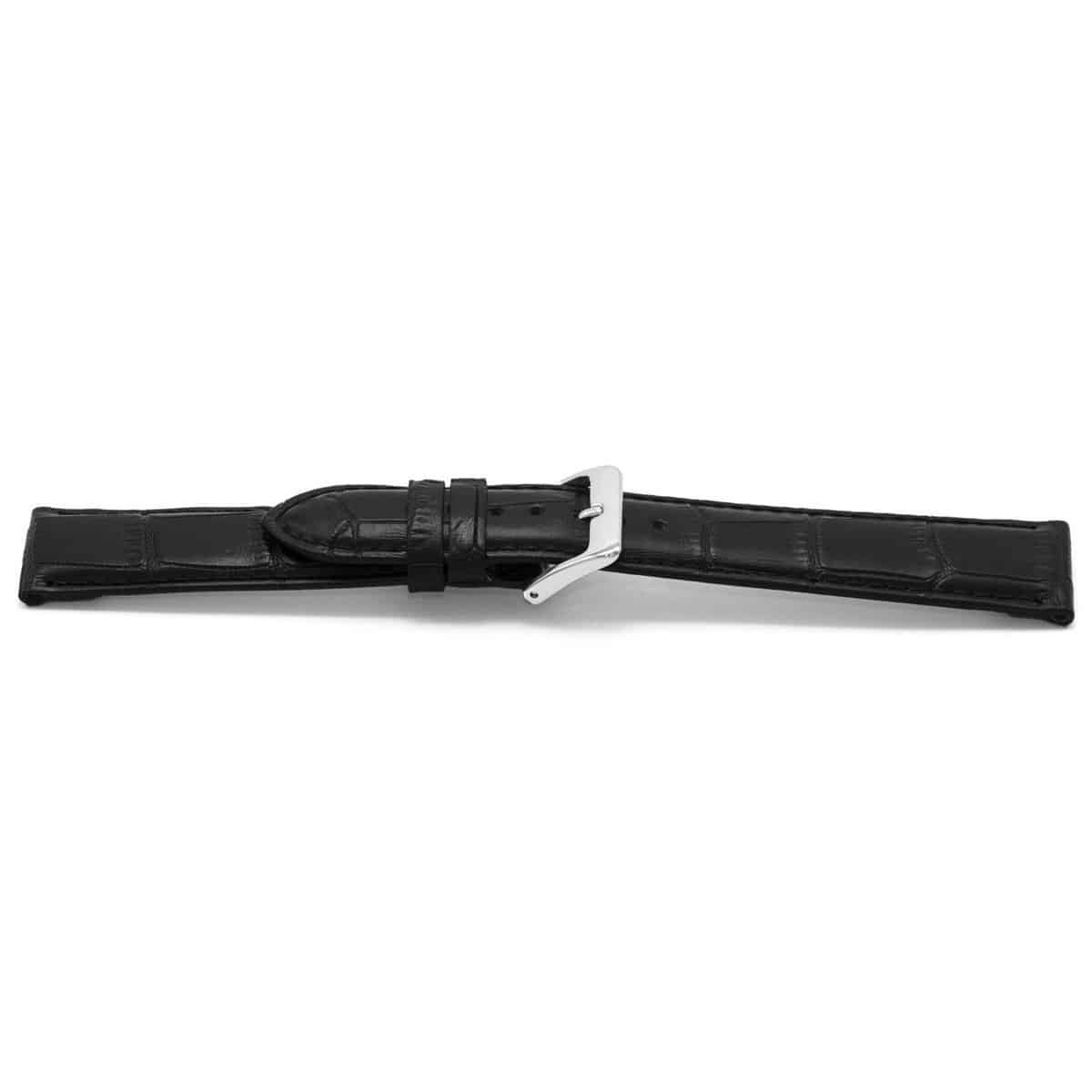 Zwart lederen horlogeband met zilverkleurig edelstalen gesp.
Kleur band: Zwart
Band dikte: 3.6mm
Band lengte: 75/115mm
Band breedte: 18x16mm
Gesp: Stainless steel
Bekleding binnenband: Nubuck
Gestikt: Ja, dezelfde kleur als de band. 
Pushpin: Exclusief
Hypo allergisch: Ja
EAN:8716667161160