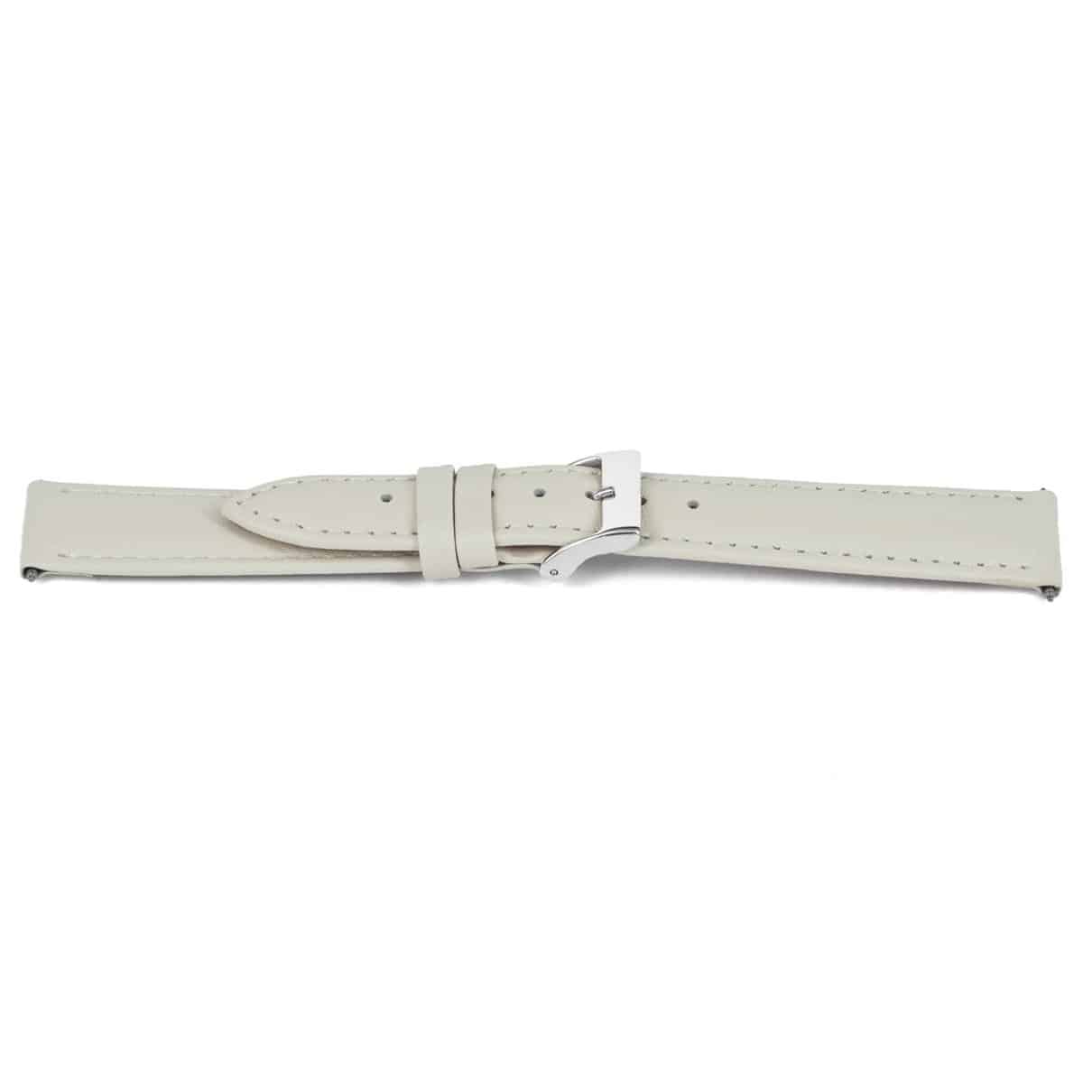 Hoogwaardig lederen horlogeband, cr&#232;me, glad en gestikt. 
Kleur band: Wit cr&#232;me 
Band dikte: 3.3mm
Band lengte: 75/115mm
Band breedte: 18x16mm
Gesp: Edelstaal
Bekleding binnenband: Nubuck
Gestikt: Ja, cr&#233;me
Pushpin: Inclusief
Waterproef: Nee
NFC Chip: Nee
Hypo-allergeen: Ja
EAN: 4780263514181