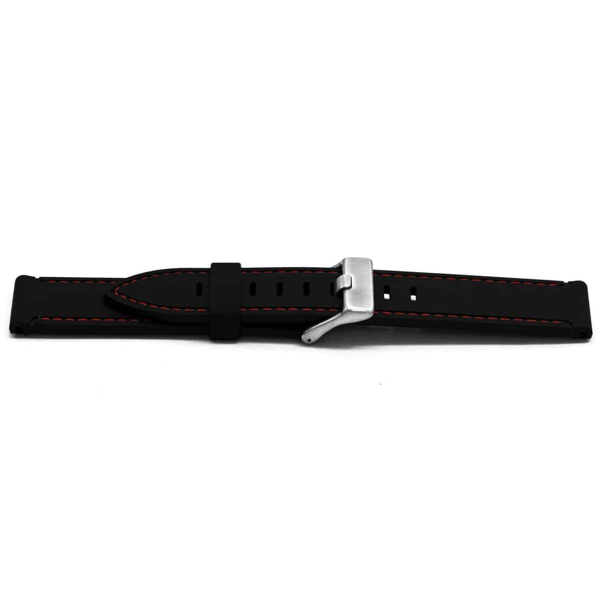 Zwarte plastic horlogeband met rode stiksel en stainless steel gesp.
Kleur band; Zwart
Band dikte; 3 mm
Band lengte; 80/125 mm excl. gesp
Band breedte; 22x22 mm
Gesp; Edelstaal
Bekleding binnenband; Geen
Gestikt; Ja, rode
Pushpin; ExclusiefHypo allergeen; nvt
EAN; 8716667163331