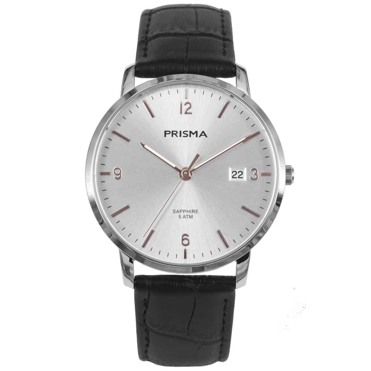 Prisma heren P.1647 horloge edelstaal saffierglas 5 ATM 		
		
Algemeen		
Geslacht: heren		
Model: P.1647		
		
Voordelen		
- band echt leer zwart		
- wijzerplaat zilver met ros&#233;goudkleurige streepjes		
- glas is zeer krasvast		
- slimelinemodel (minder dan 9 mm dik)		
- designed in the Netherlands		
- wijzers lichten op in donker		
- datum		
- maat kast 39mm (breedte) 7,51mm (dikte)		
		
		
		
		
