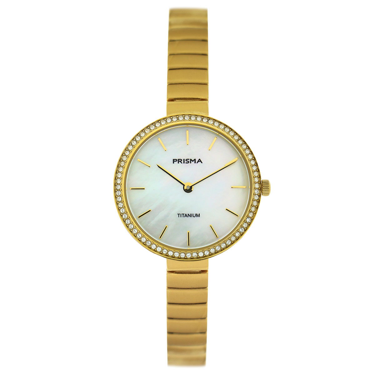 Prisma dames P1134 horloge titanium saffierglas 5 ATM Double		
		
Algemeen		
Geslacht: dames		
Model: P.1134	
		
Voordelen		
- band titanium doubl&#233;	
- wijzerplaat parelmoer wit	
- geschikt voor mensen met een allergie		
- draagcomfort doorlicht gewicht		
- lunette gevuld met zirkonia steentjes	
- handige onzichtbare klep sluiting		
- designed in the Netherlands		
		
