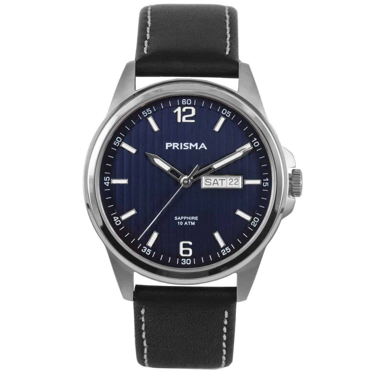 Prisma heren P.1661 horloge edelstaal saffierglas 10 ATM 		
		
Algemeen		
Geslacht: heren		
Model: P.1661		
		
Voordelen		
- band echt leer zwart (wit kleurig stiksel)		
- wijzerplaat blauw met zilvere streepjes		
- boven gem. waterdicht: zwemmen/duiken		
- glas is zeer krasvast		
- dagveld		
- wijzers en index lichten op in donker		
- maat kast 39mm (breedte) 39mm (dikte)		
		
Product achtergrond		
Het leven is een reis. Dat klinkt een beetje clich&#233;, maar het is wel waar. Sta niet elke dag op met het idee dat het leven nog beter is in 10 of 20 jaar. Geniet en wees dankbaar voor vandaag, want het leven is echt een reis. Deze collectie onderstreept het typische Prisma gevoel. Een horloge van hoge kwaliteit met lederen band,titanium kast, krasvrij saffierglas en 10 ATM waterdicht. Een fantastisch uurwerk om elke dag met blijdschap te dragen.		
		
		
		
