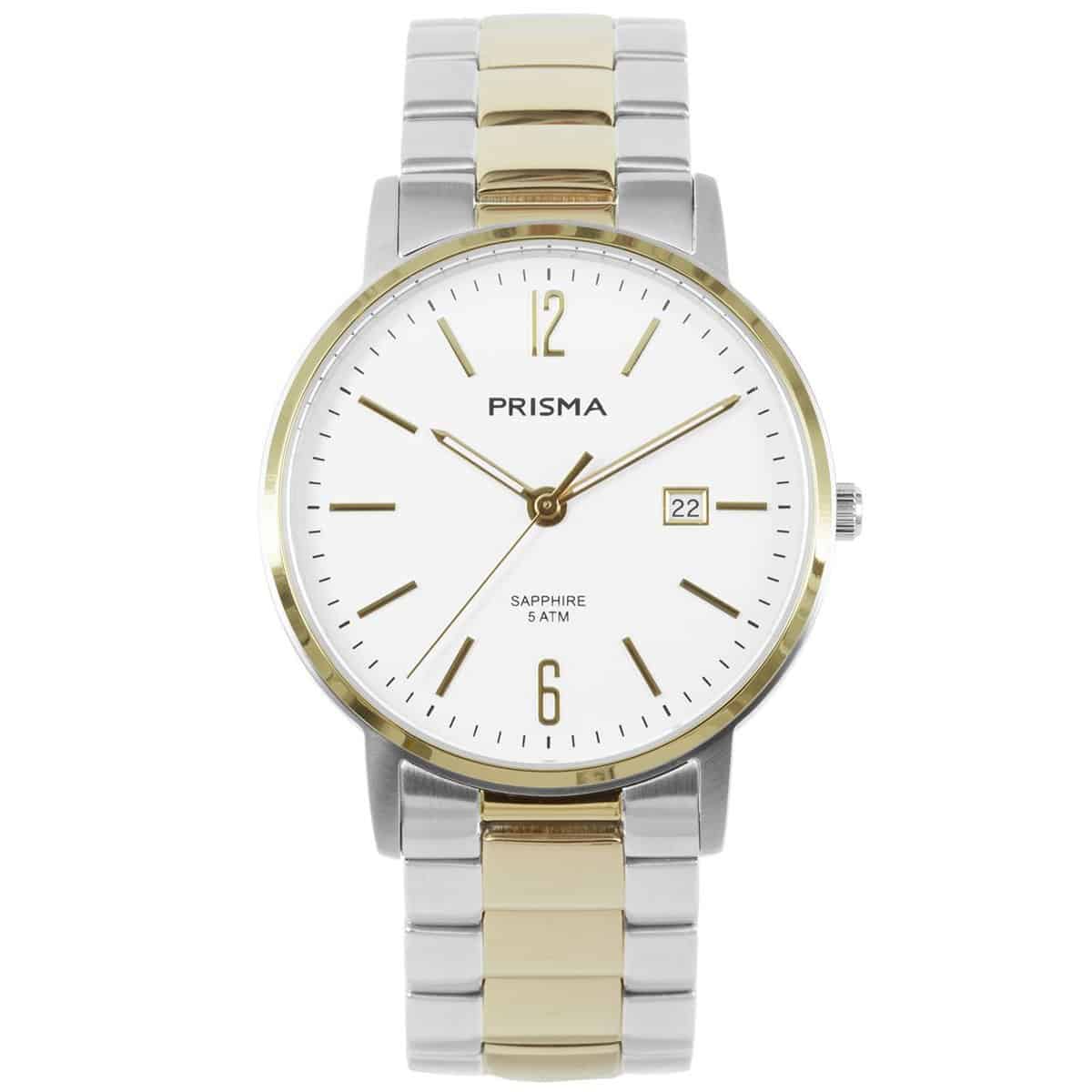 Prisma horloge P.1472 heren edelstaal saffierglas 5 ATM 

Algemeen
Geslacht: heren
Model: P1472

Voordelen
- band edelstaal zilver/goudkleurig (bicolor) Solid
- wijzerplaat wit met goudkleurig streepjes
- glas is zeer krasvast
- ook voor brede pols (max. 220 mm)
- wijzers lichten op in donker
- datum
- spat waterdicht: handenwassen, regen
- quartz
- maat kast 39mm (breedte) 7,7mm (dikte)

