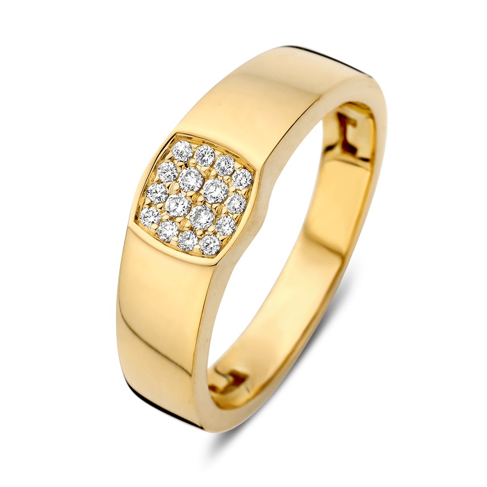 Stijlvolle geelgouden ring met diamant in pavézetting.
