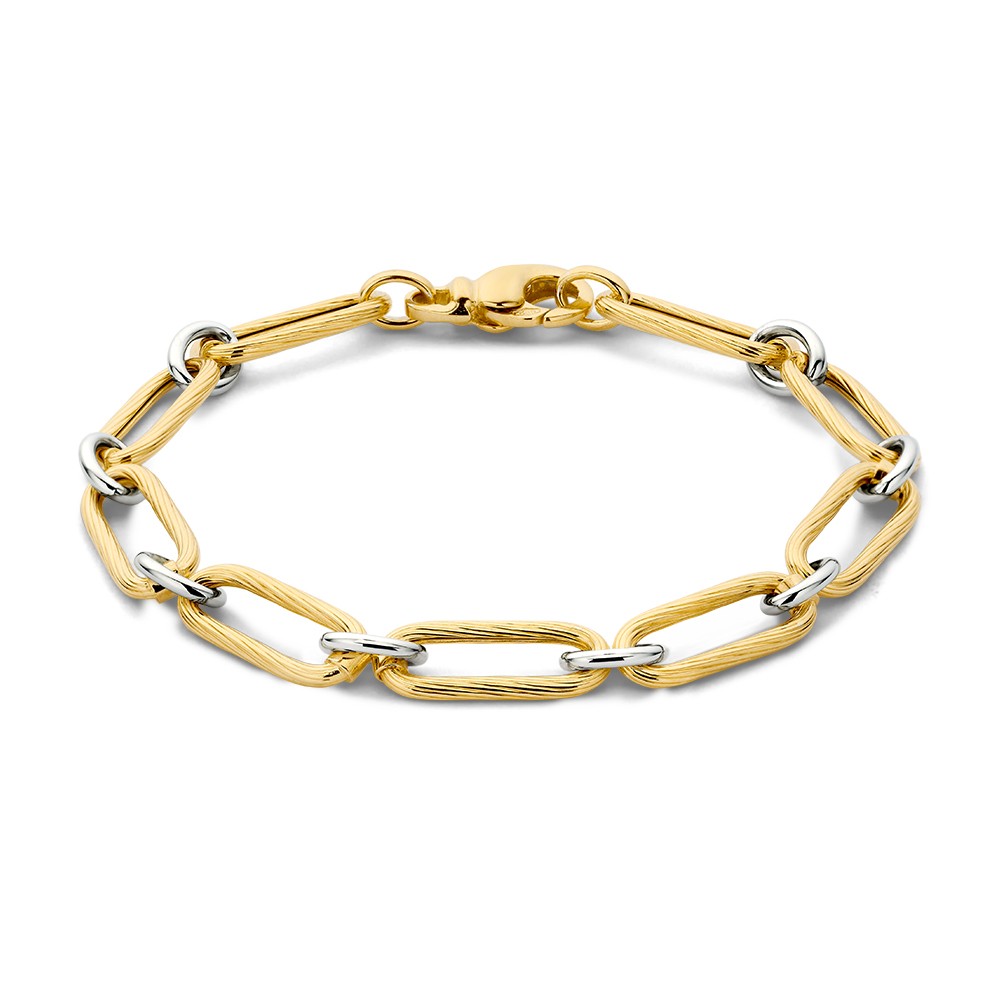 Bicolor wit- en geelgouden armband met grote schakels. De geelgouden schakels hebben een verfijnde bewerking.
