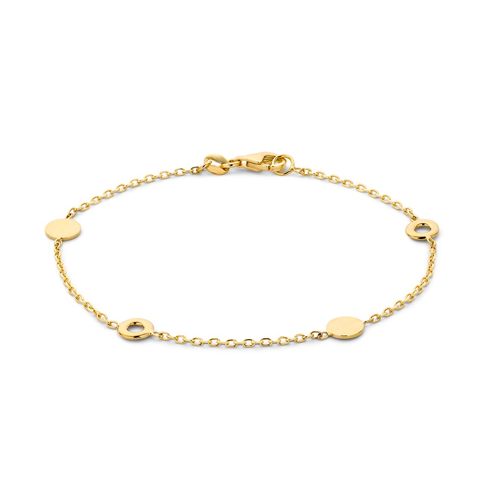 Verfijnde geelgouden armband met twee open cirkels en twee gouden plaatjes die eventueel voorzien kunnen worden van een gravure.
