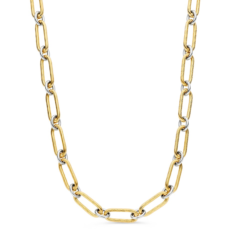 Bicolor wit- en geelgouden collier met grote schakels. De geelgouden schakels hebben een verfijnde bewerking.
