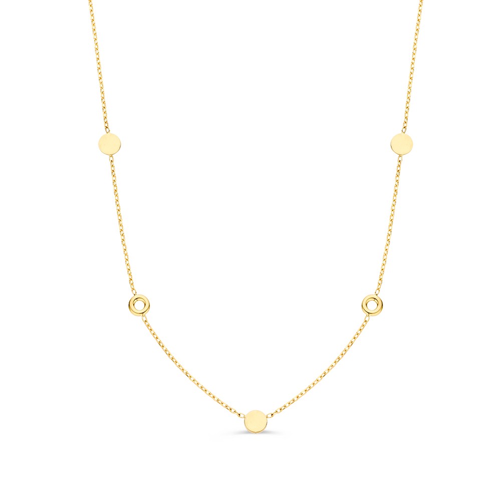 Verfijnd gouden collier met open cirkels en 3 gouden plaatjes (deze kunnen worden voorzien van een gravure indien gewenst).
