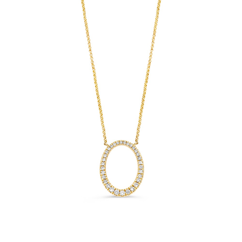 Verfijnd geelgouden collier met een bijzondere hanger in organische vorm, de hanger is gezet met fonkelende diamanten en ademt ingetogen luxe.
