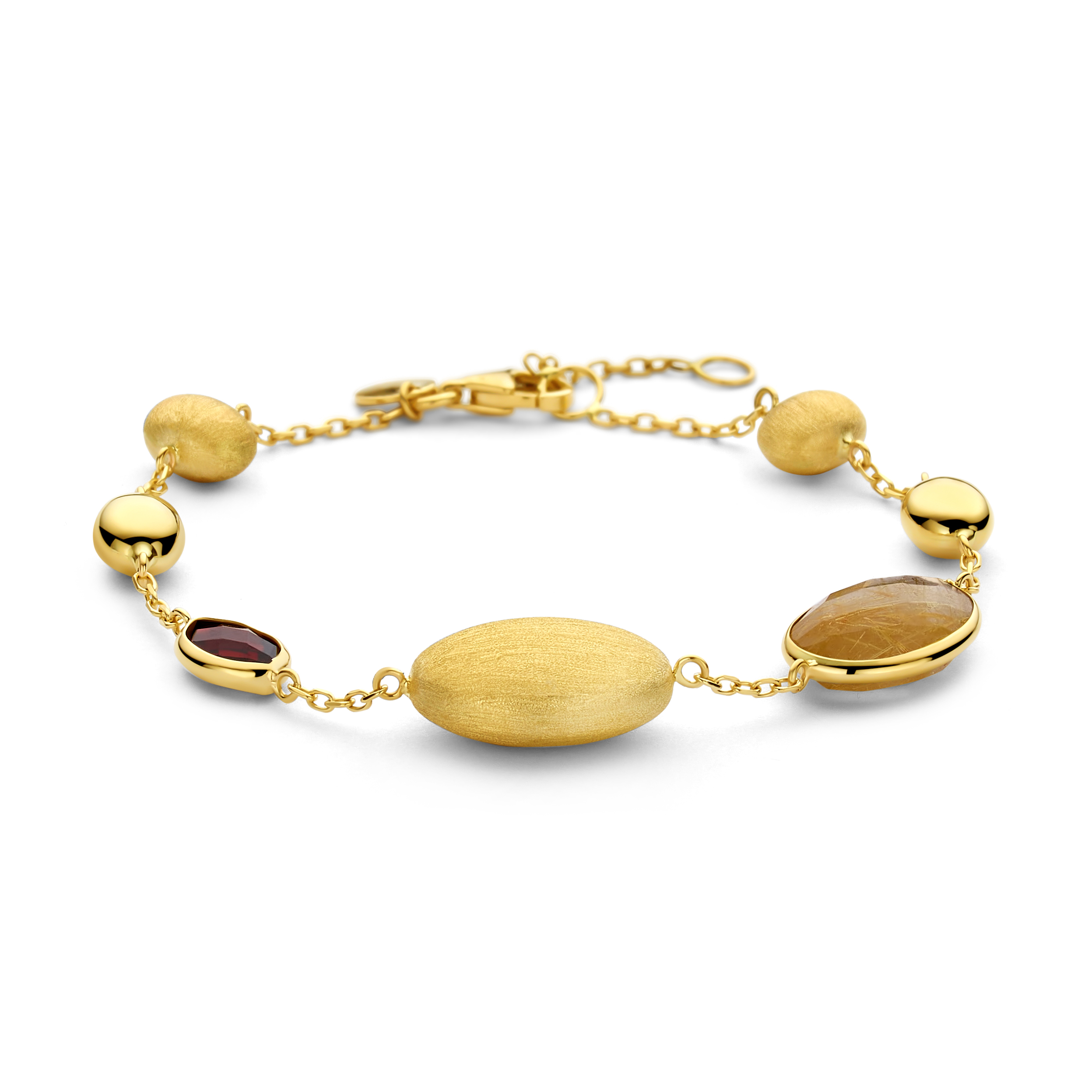 Gouden armband van het merk Italo Bottene, met granaat en kwarts.
lengte 19 cm