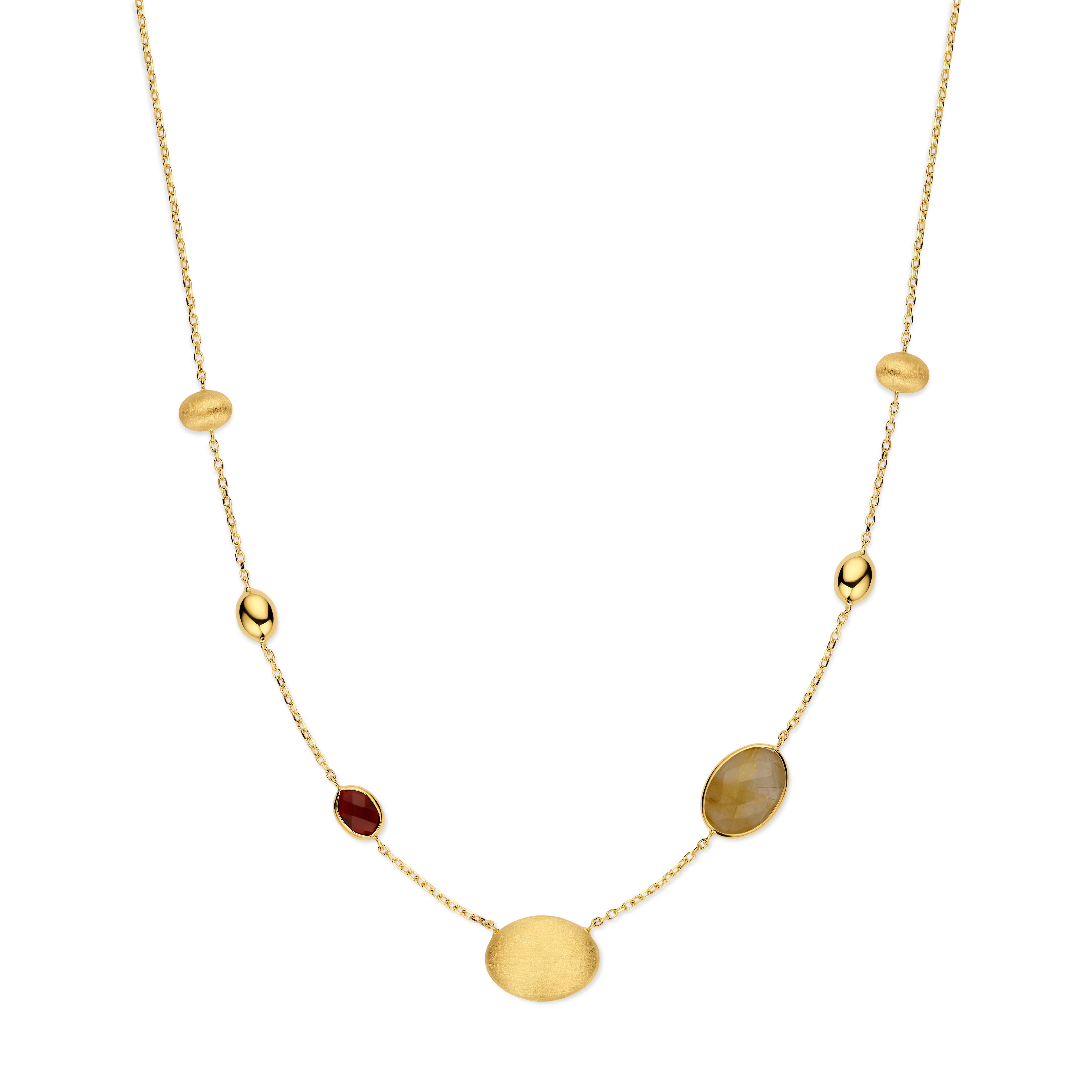 Prachtig vorm gegeven collier met granaat en kwarts in 14 karaat goud.
Lengte 45 cm.