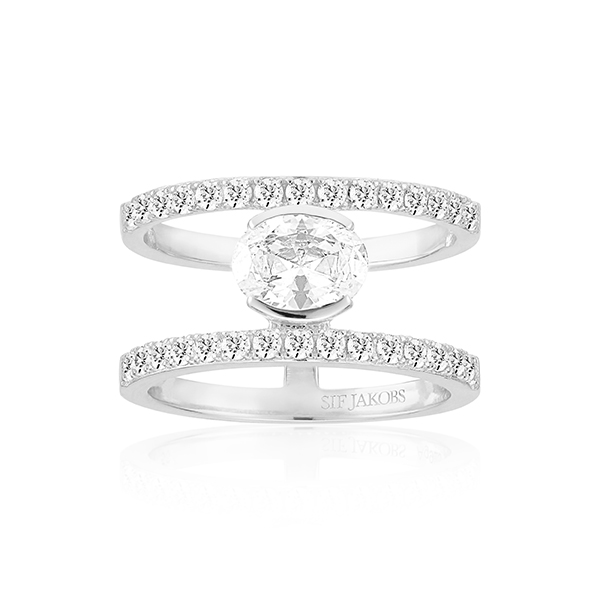 Ring gemaakt van 925 sterling zilver met gerhodineerd oppervlak, gepolijst oppervlak en hoorn met facetgeslepen witte zirkonia

Ringafmetingen: Breedte 11,2 mm