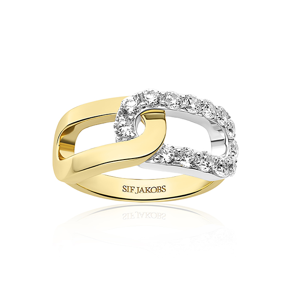 Ring gemaakt van 18 karaats verguld 925 sterling zilver, gepolijst oppervlak en hoorn met facetgeslepen witte zirkonia.

Ringafmetingen: Breedte 9,5 mm, dikte 1,1 mm