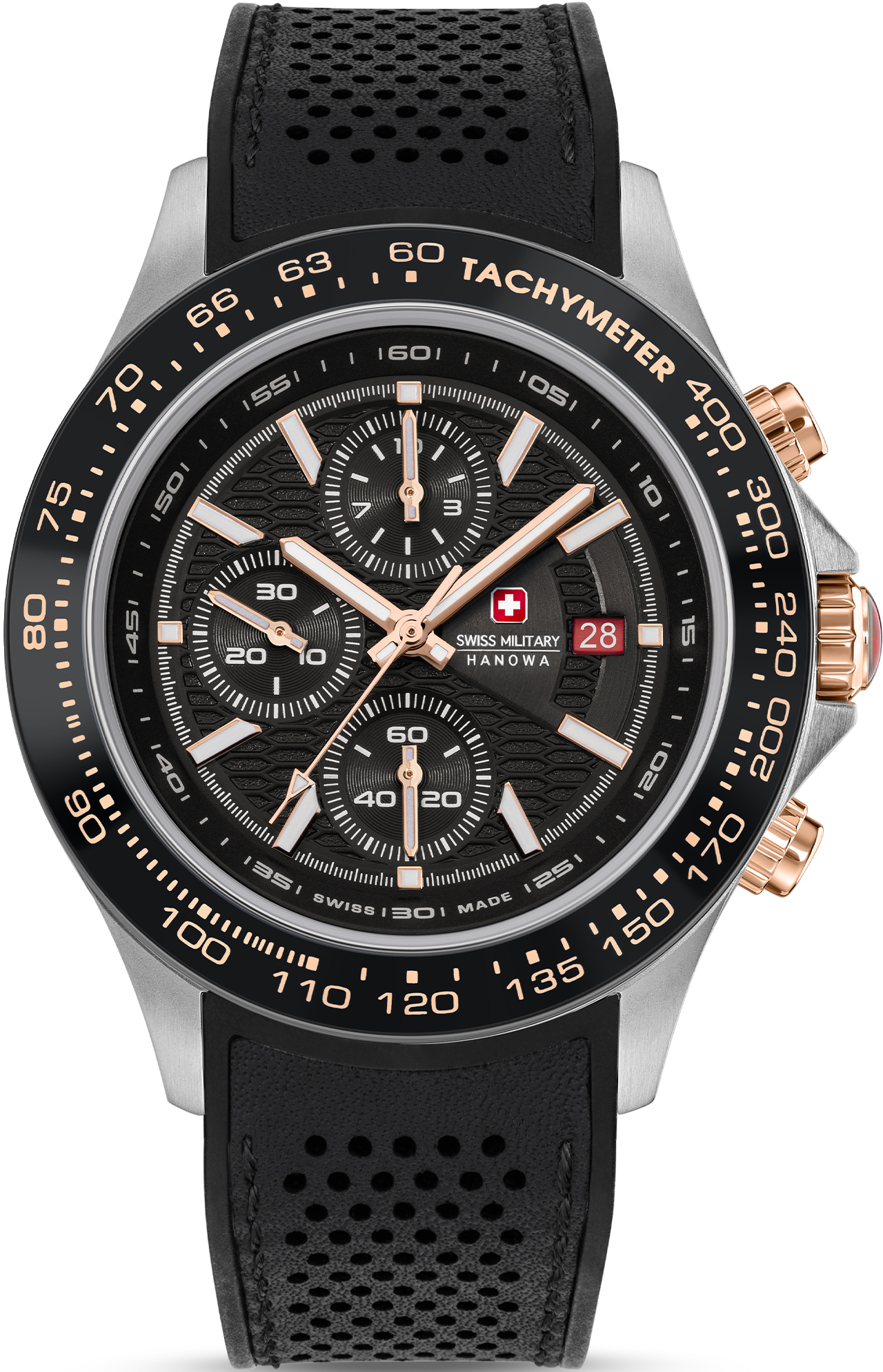 Dit is een horloge van het merk Swiss Military Hanowa gemaakt voor heren.
De specificaties zijn als volgt:
Kastmaat: 43 mm
Waterdichtheid: 10 ATM / 100 Meter / 330 Feet
Dit horloge heeft de volgende functies/eigenschappen:
Chronograaf