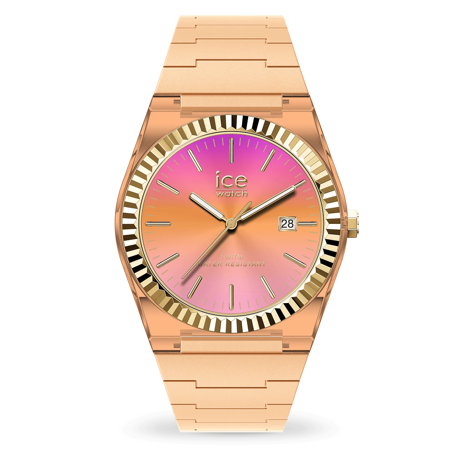De Ice Watch Ice Power Sunset Peach, modelnummer 024762, beschikt over een kast en band van plastic silicone in oranje, met een roze wijzerplaat. Het horloge heeft een analoge aanduiding, datumfunctie, saffierglas en is nikkelvrij en anti-allergisch. Waterbestendig tot 10 ATM. Ideaal voor dagelijks gebruik of sportieve activiteiten met casual en kleurrijke outfits.
