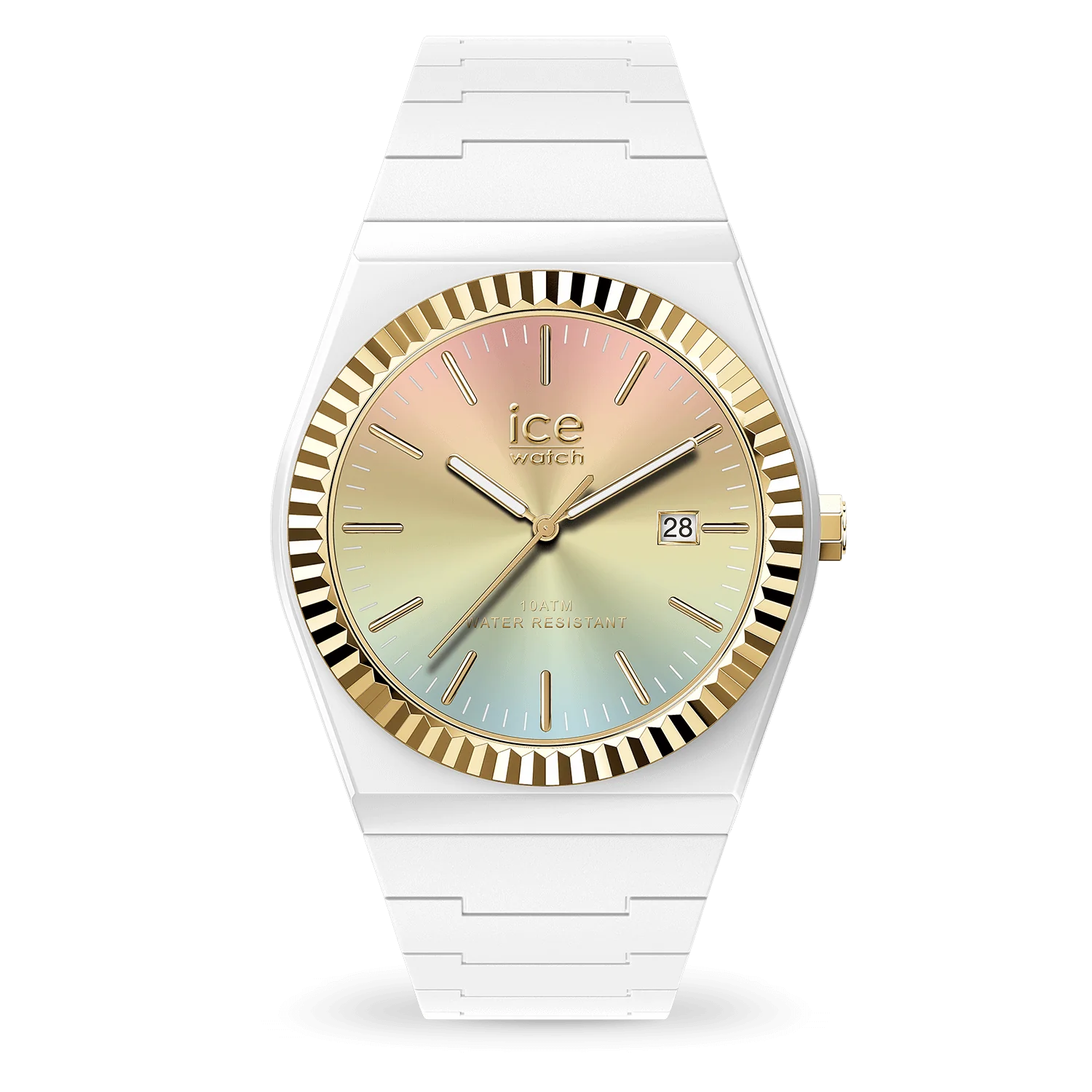 De Ice Watch Ice Power met goud sunset Rainbow, modelnummer 024766, heeft een ronde kast van roestvrij staal, een witte plastic silicone band, een roze wijzerplaat met streepindexen en saffierglas. Waterdicht tot 10 ATM, met datumfunctie en nikkelvrij. Draag het casual of chic, ideaal voor dagelijks gebruik. Perfect voor elke gelegenheid!
