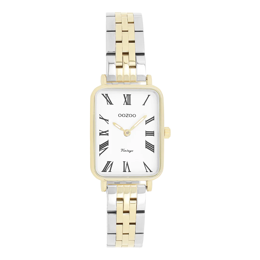 De Oozoo horloge C20411 heeft een rechthoekige kast in goudkleurig met een zilver/goud roestvrijstalen band. De analoge wijzerplaat is wit met Romeinse cijfers. Het horloge is nikkelvrij en heeft geen datumaanduiding of lichtfunctie. Perfect te dragen bij zowel formele als casual outfits voor een stijlvolle en tijdloze uitstraling.