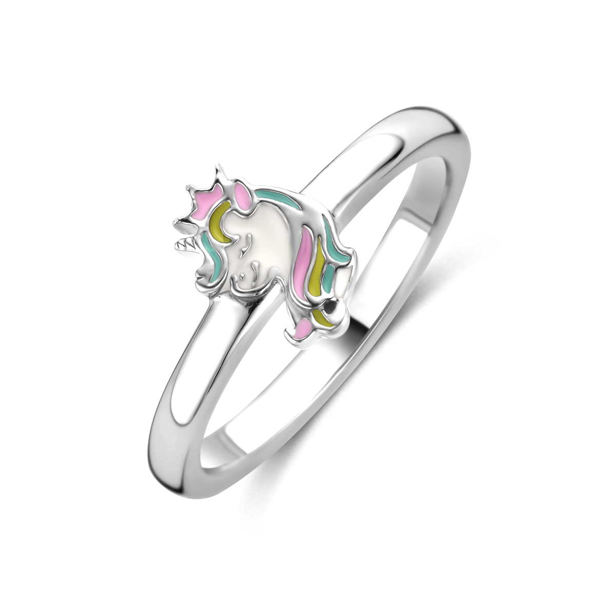 Gerhodineerd 925 ring uitgevoerd met een eenhoorn. De ring heeft een afmeting van 7.5x5mm.