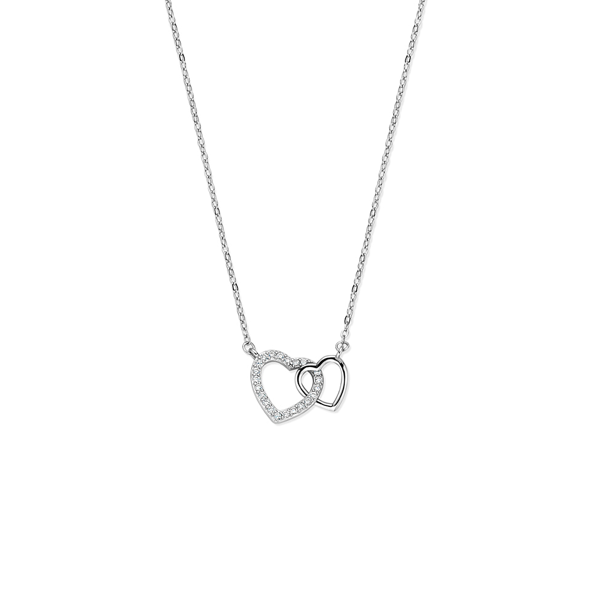 Gerhodineerd 925 zilveren collier uitgevoerd met hartjes en zirkonia. Het collier heeft draaglengtes van 41-43-45cm.
