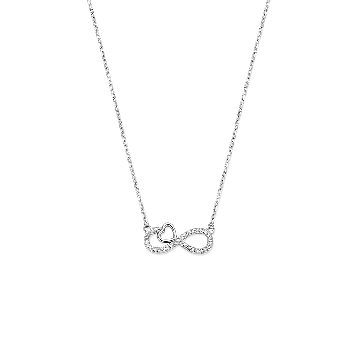 Gerhodineerd 925 zilveren collier uitgevoerd met infinity, hartje en zirkonia. Het collier heeft draaglengtes van 41-43-45cm.