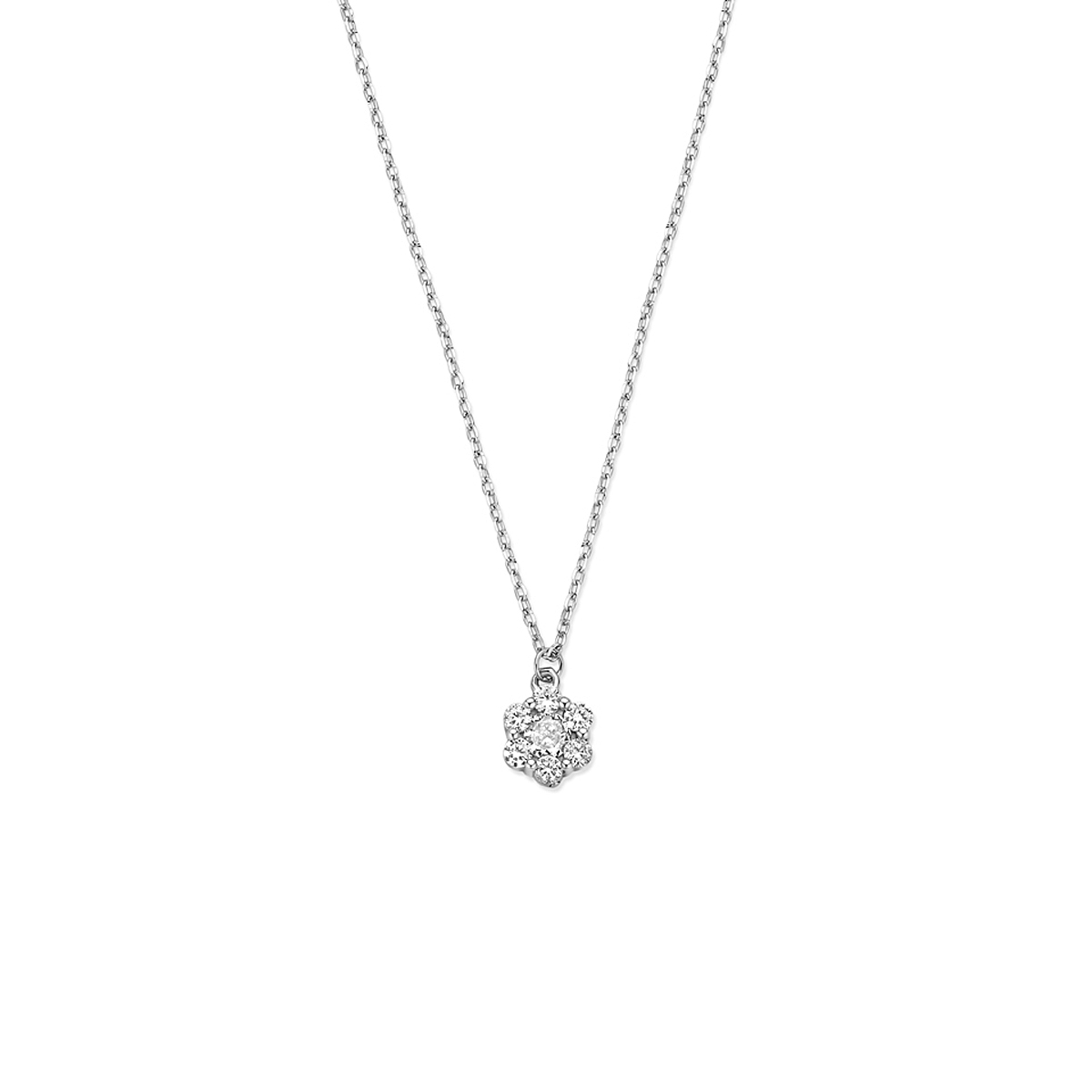 Gerhodineerd 925 zilveren collier uitgevoerd met zirkonia. Het collier heeft draaglengtes van 41-43-45cm.