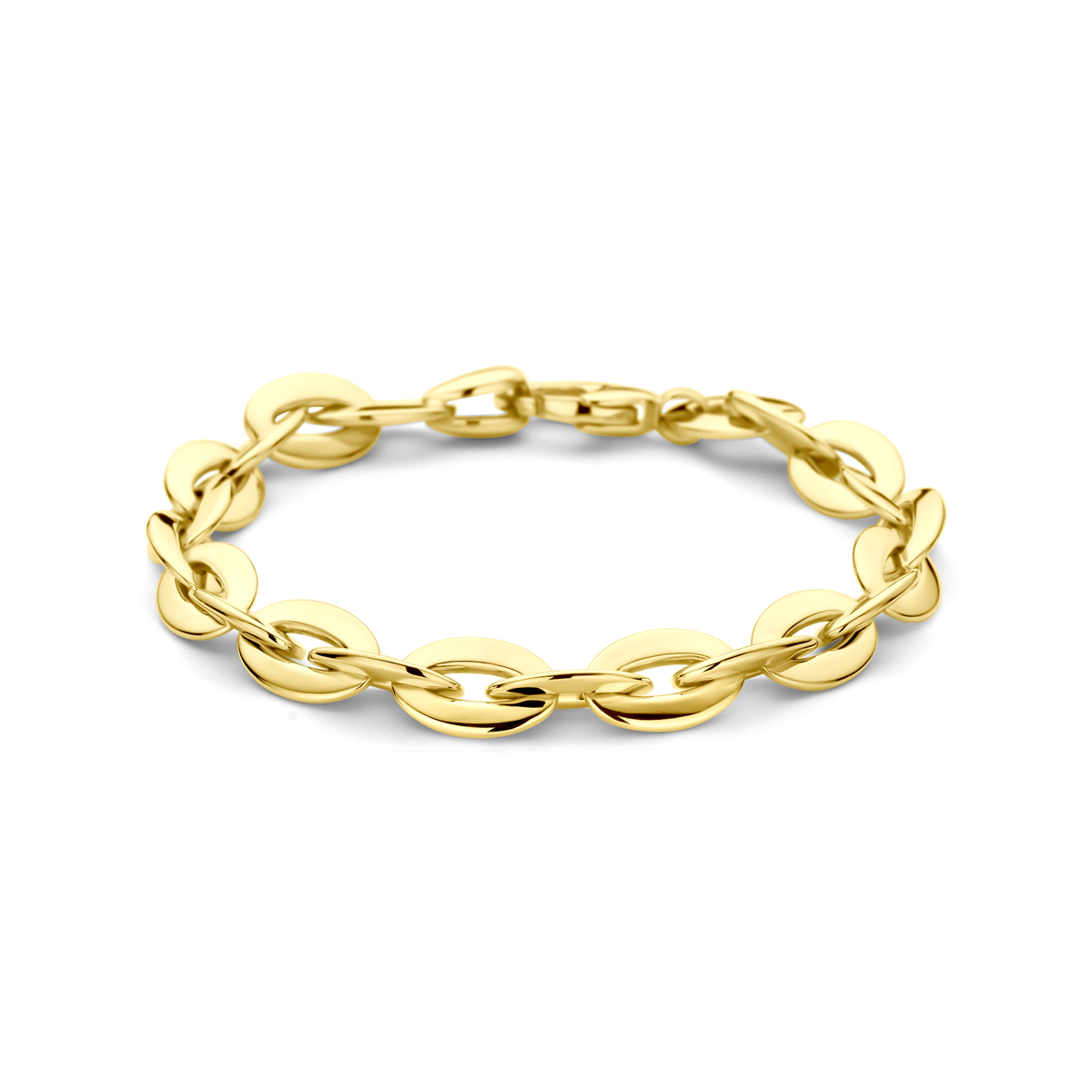 14k Geelgouden armband met een schakelbreedte van 8.5mm en een draaglengte van 19.5cm. Uitgevoerd met karabijnsluiting.