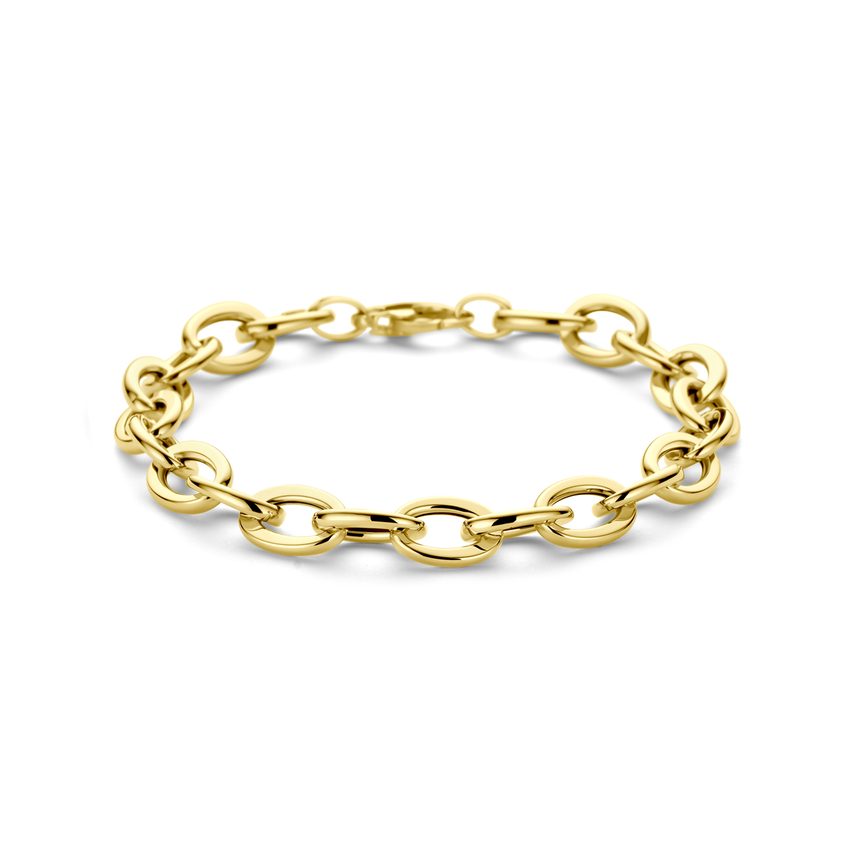 14k Geelgouden armband met een draaglengte van 19cm en een schakelbreedte van 8.5mm. Uitgevoerd met karabijnsluiting.