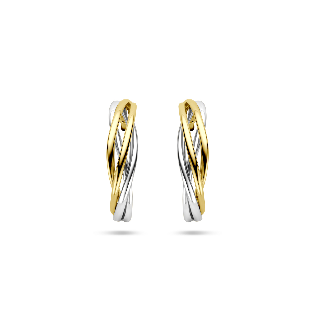14k Bicolor geel en witgouden stekeroorringen met een afmeting van 17x4mm.