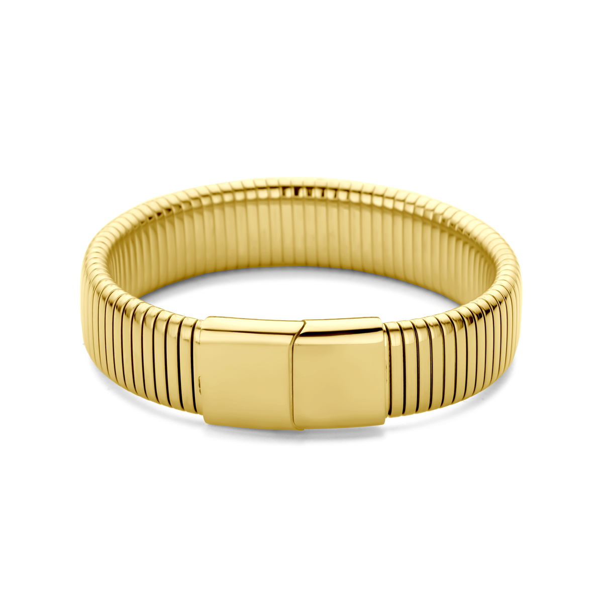 Ionisch verguld edelstalen Tubogas armband met een breedte van 15mm en een draaglengte van 18.5cm.
De armband geeft een subtiele rek voor draagcomfort.

Geen garantie op plating.