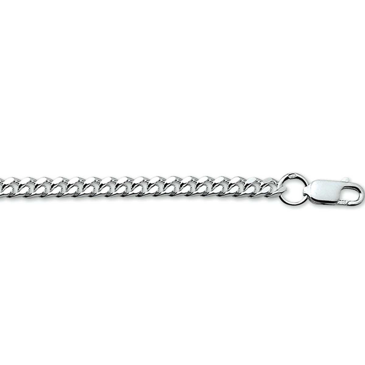 Zilveren lengte artikel met geslepen gourmette schakel. De schakelbreedte is 3.5mm.