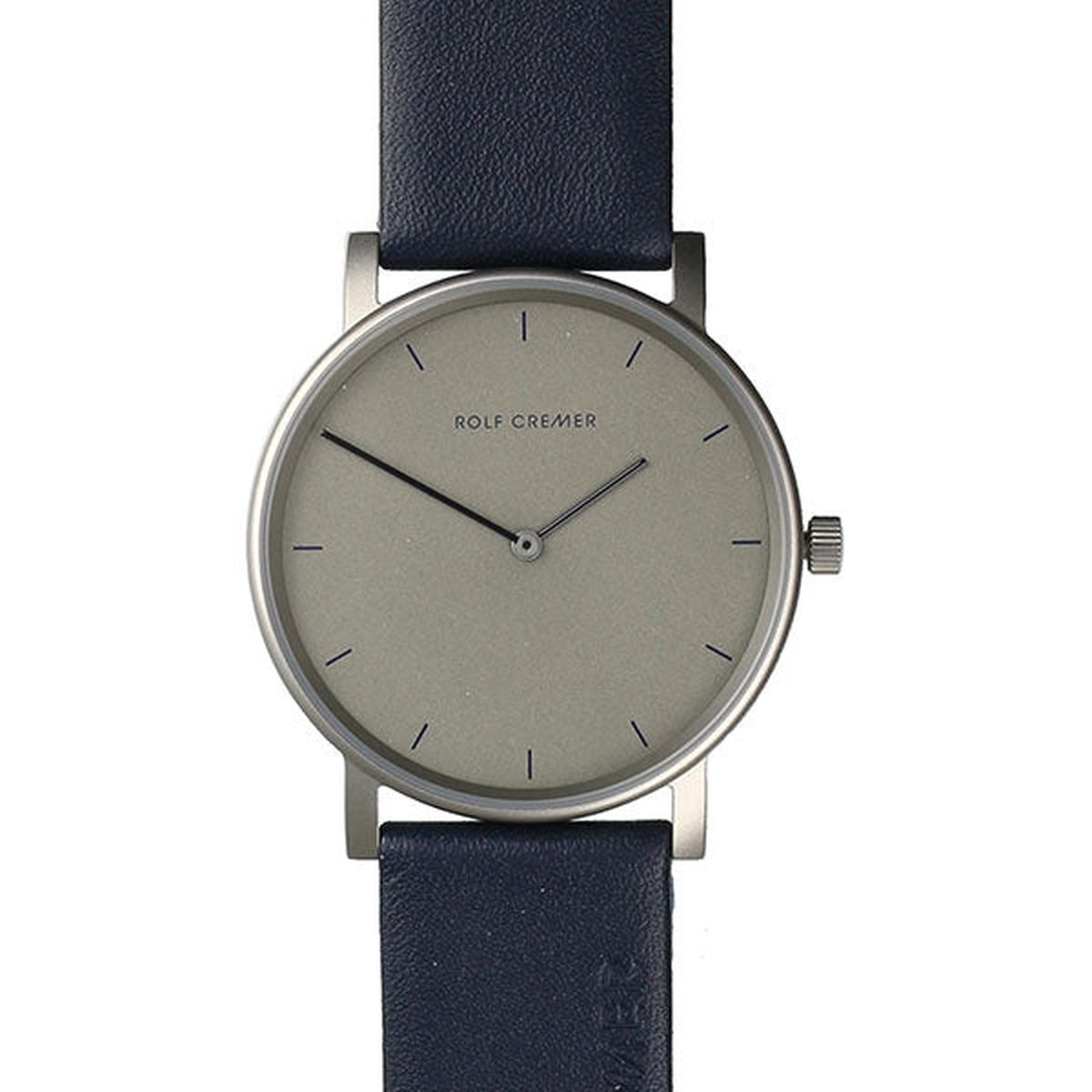 Grijze wijzerplaat met blauw leren band