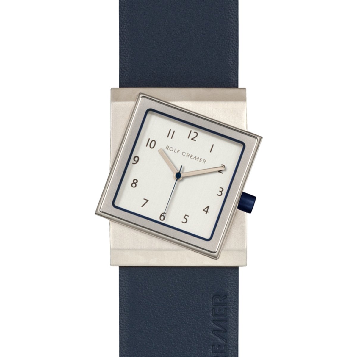 Asymmetrisch model met blauw leren band.
