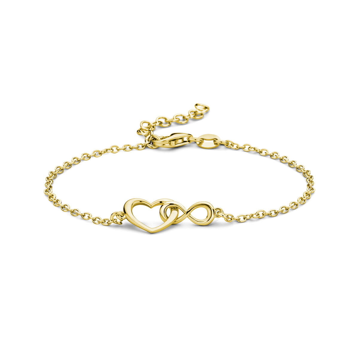 Verguld op 925 zilveren armband met een hart en infinity. De draaglengte is 16cm met een extensie van 3cm. De schakelbreedte is 1.7mm. Uitgevoerd met een karabijn sluiting. Geen garantie op plating.