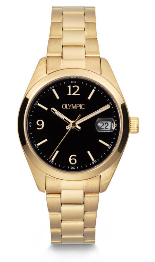 Olympic dames pols horloge edelstaal goud kleuring met zwarte wijzerplaat. 5 atm waterdicht.