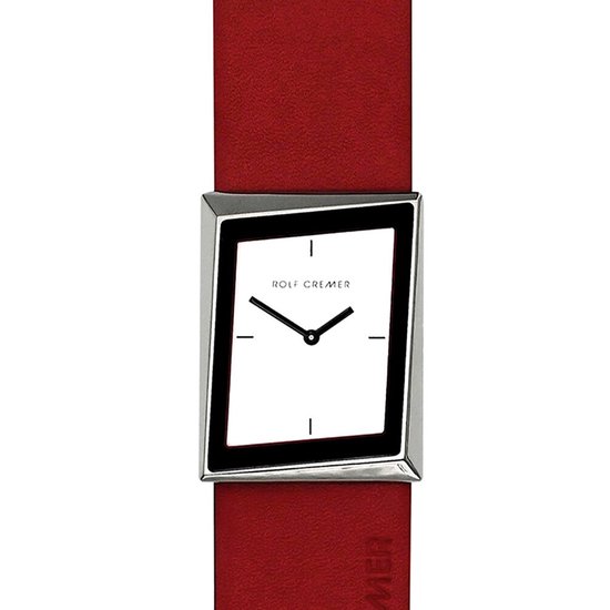 zilverkleurige wijzerplaat met rode accenten en rood leren band.