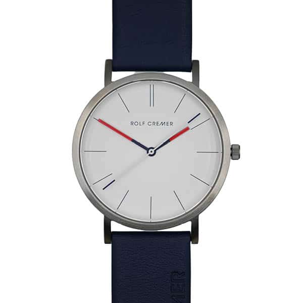 Rolf Cremer Twice, witte wijzerplaat en stalen kast, blauwe leren band