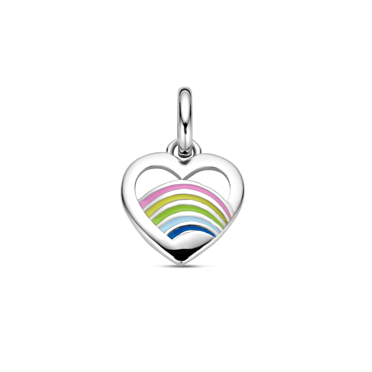 Gerhodineerd 925 zilveren hanger uitgevoerd in de vorm van een hartje met roze, geel, groen en blauw emaille. De hanger heeft een totale hoogte van 14mm