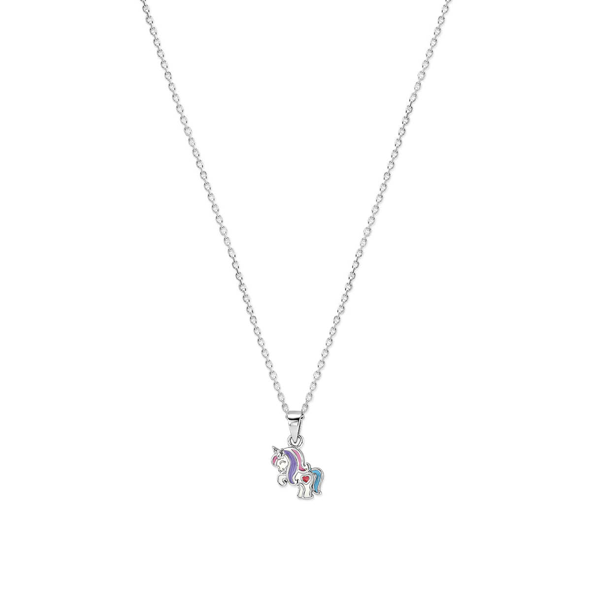 Gerhodineerd 925 zilveren collier uitgevoerd met een eenhoorn. Het collier heeft draaglengtes van 36+4cm. De schakelbreedte is 1.4mm.