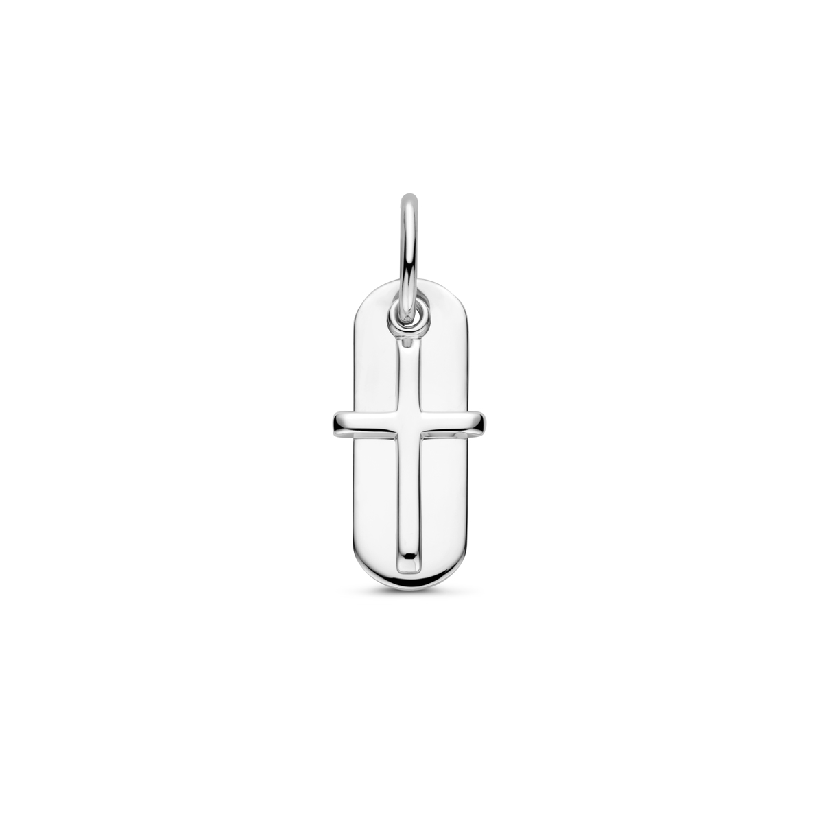 Gerhodineerd 925 zilveren graveerhanger met een kruisje. De totale hoogte van de hanger 25mm. De rechthoek heeft een afmeting van 19x7mm en het kruisje een afmeting van 14x9mm. De graveerhanger heeft een dikte van 0.8mm.