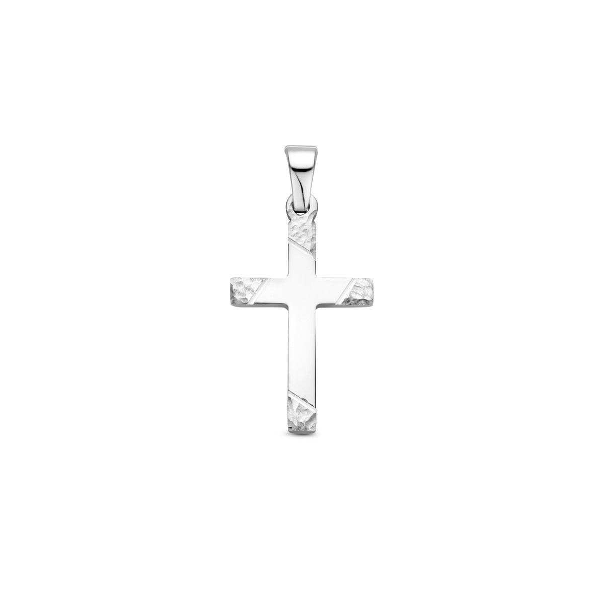 Gerhodineerd 925 zilveren hanger in de vorm van een kruis. De hanger is drie delig bewerkt gehamerd, gediamanteerd en gepolijst. De hanger heeft een totale hoogte van 25mm en een afmeting van 20x12mm.