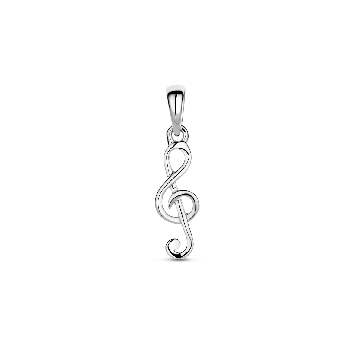 Gerhodineerd 925 zilveren hanger uitgevoerd in de vorm van een muzieknoot. De hanger heeft een afmeting van 17.5x6mm. De totale hoogte, incl. oogje, is 22mm.