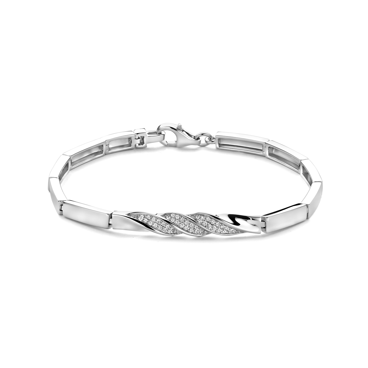 Gerhodineerd 925 zilveren armband met zirkonia. De armband heeft een schakelbreedte van 5,7mm en een totale lengte van 18,5cm. Uitgevoerd met karabijnsluiting.