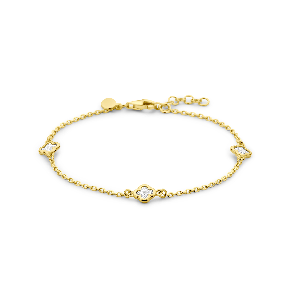 Verguld op 925 zilveren armband uitgevoerd met bloemen en zirkonia. De armband heeft een draaglengte van 17cm met 2cm extensie. Uitgevoerd met karabijnsluiting. De schakelbreedte is 1.5mm. Geen garantie op de plating.