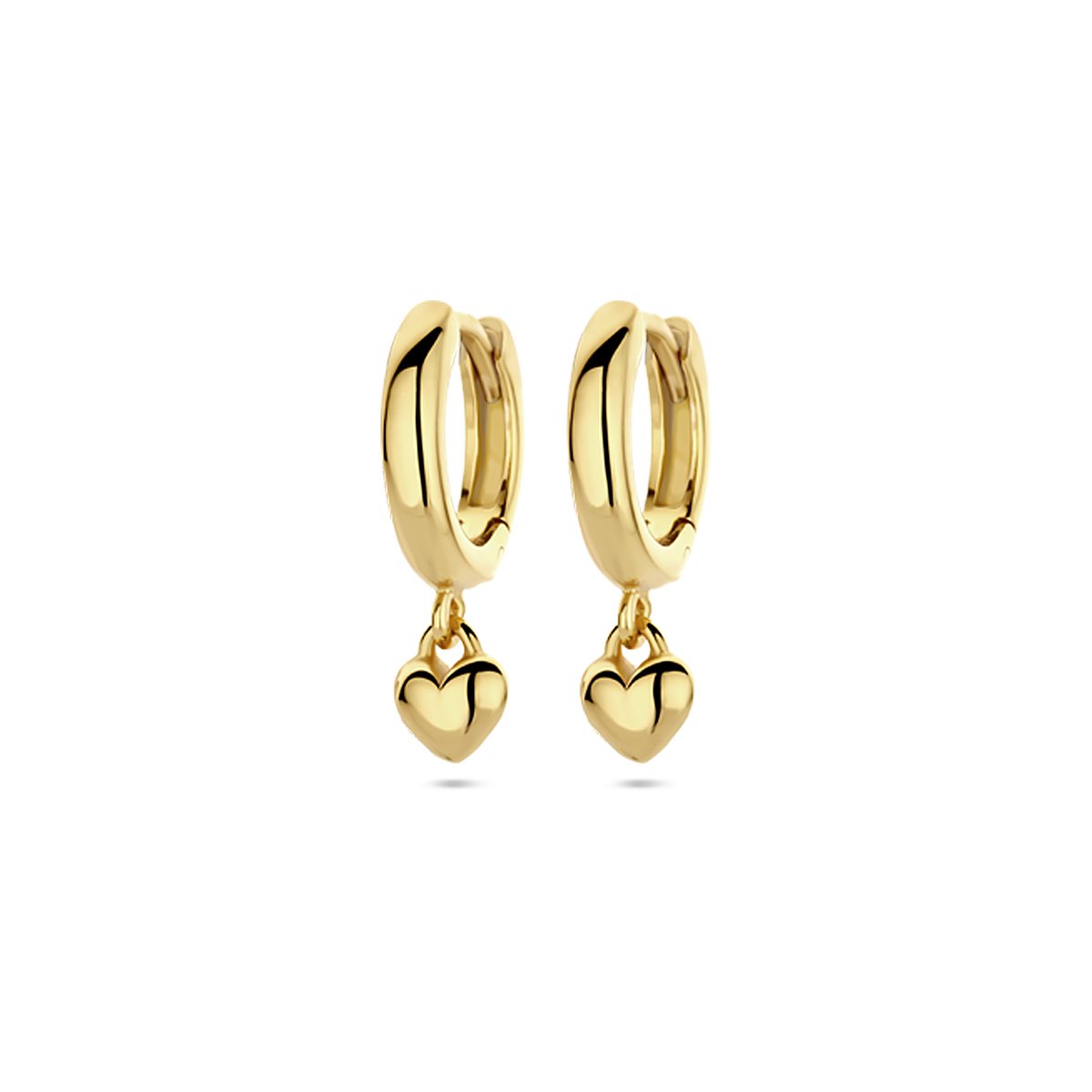 Verguld op 925 zilveren klapoorringen met een hart hanger van 4x4.5mm. De oorringen hebben een totale hoogte van 16mm. Geen garantie op plating.