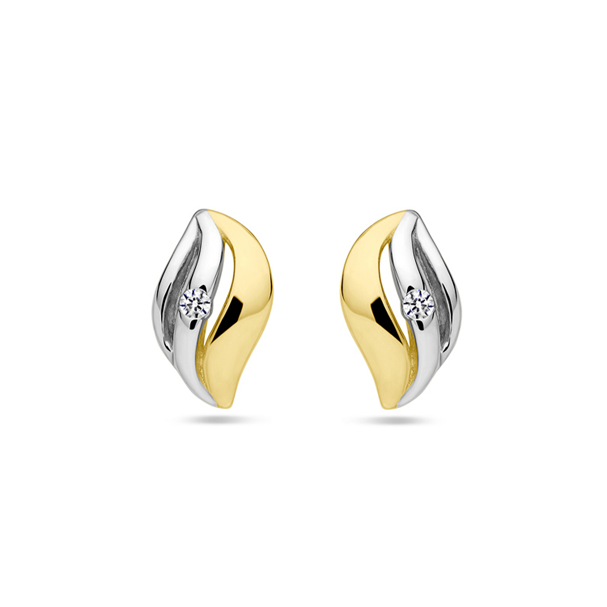 925 Zilveren oorstekers, deels gerhodineerd en deels met 1 micron gele plating. De oorstekers zijn uitgevoerd met zirkonia. Geen garantie op plating.