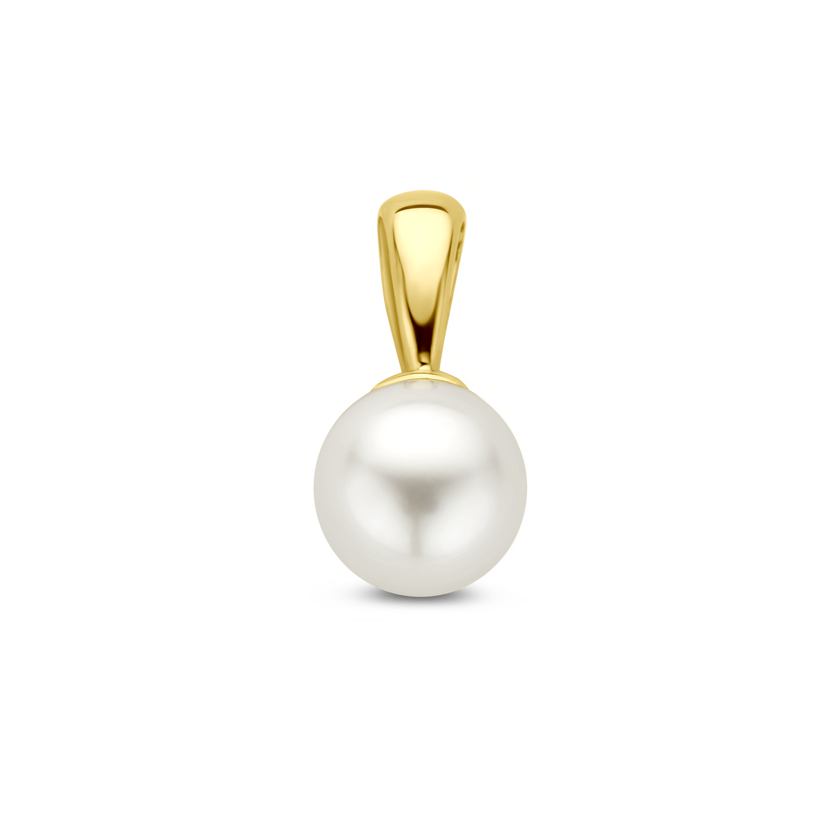Geelgouden hanger met een zoetwaterparel. De hanger heeft een totale hoogte van 12mm.