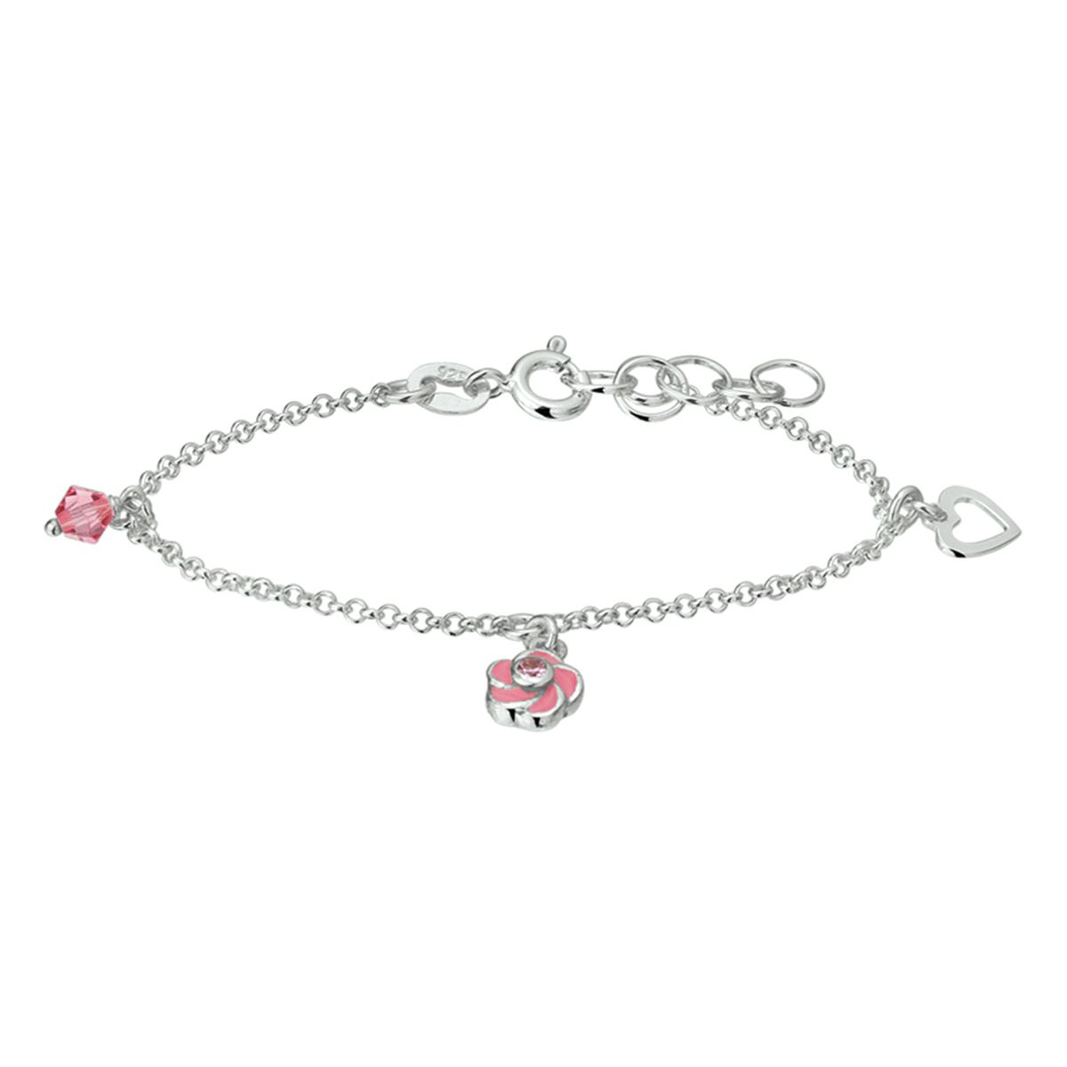 Zilveren armband met een bloem van roze emaille en diverse bedels. De lengte bedraagt 13cm met 2cm extensie. De armband is onderdeel van een set. De schakelbreedte is 1.5mm.