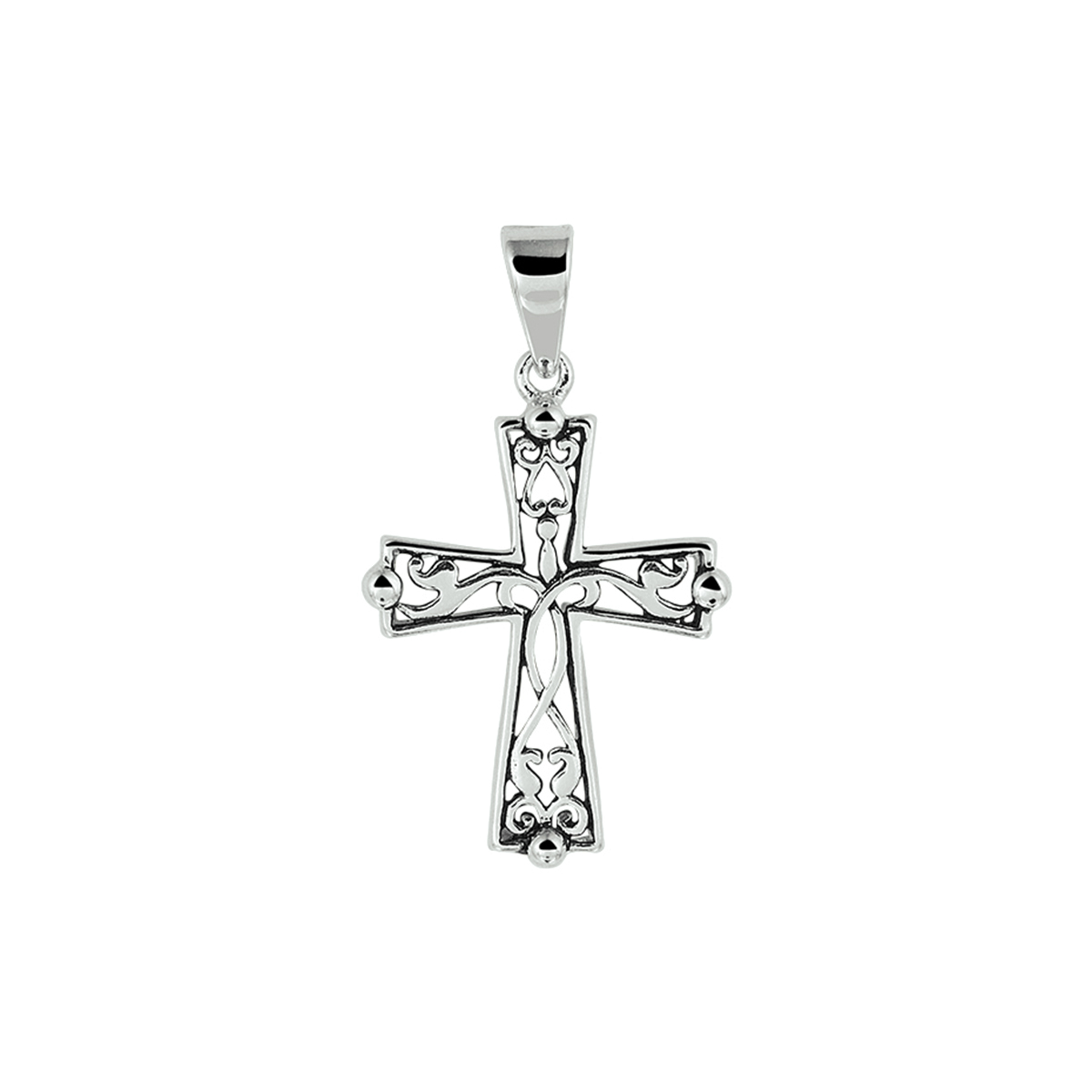 Zilver geoxideerde filigrain hanger in de vorm van een kruis uitgevoerd met een stevig hangoog. Het kruis heeft een afmeting van 22x17mm. De hanger is ook goed te combineren met een bijpassend collier uit onze collectie.
